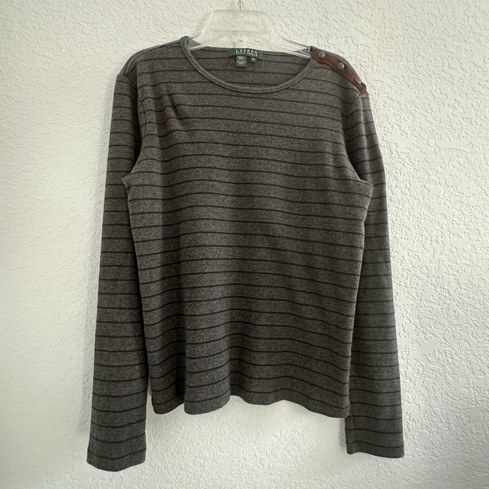 Lauren‎ Ralph Lauren Top Blouse Womens M Gray Striped L/S Button Shoulder Basics